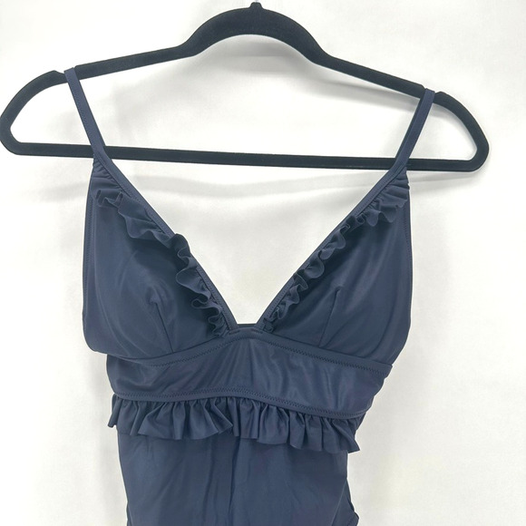 J. Crew Ruffle Deep-V One‎ Piece Swimsuit Size 4 Blue Padded Beach Preppy Pin Up - Picture 3 of 11